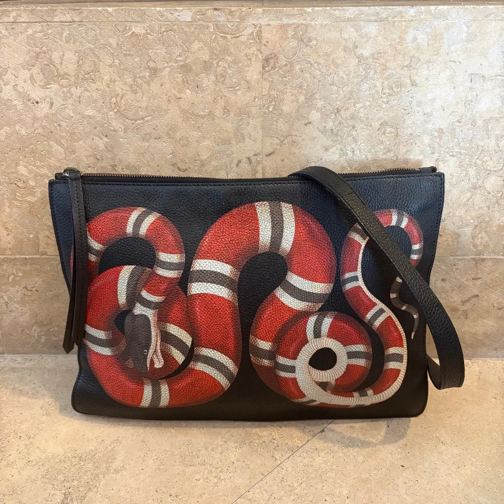 Gucci Leather Crossbody Messenger Bag King Snake Bag Black - Picture 1 of 8